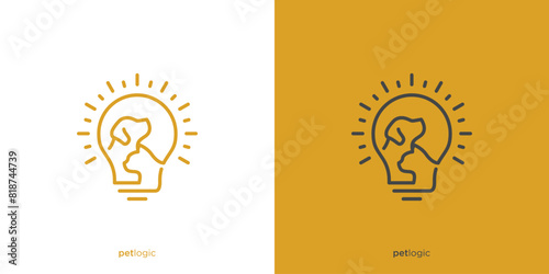 Creative Pet Logic Logo Design. Dog, Cat and Light Bulb with Line art Outline Style. Pet Logo, Icon, Symbol, Vector, Design Template.