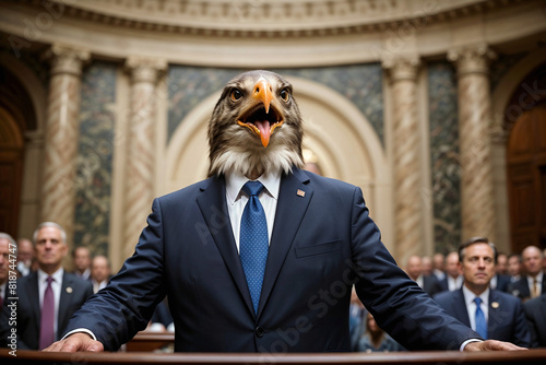 Politician with head of a hawk making a tough stance in Congress. Concept on Senate hawks trade policies, sanctions, tariff on China, Federal Reserve chairman hawkish stand on economy, interest rates. photo