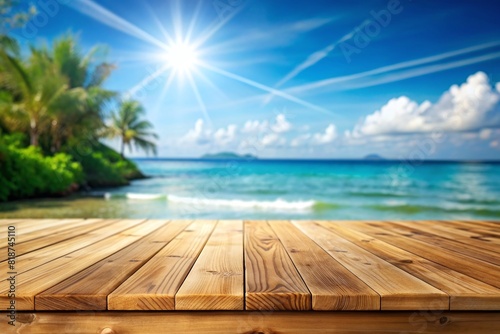Wooden top with blurred empty beach background can be used for mocking up or display product to make advertising 