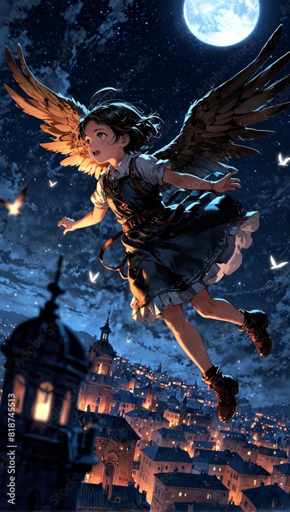 Winged Girl Flying Over Night City Winged Girl Flying Over Night City