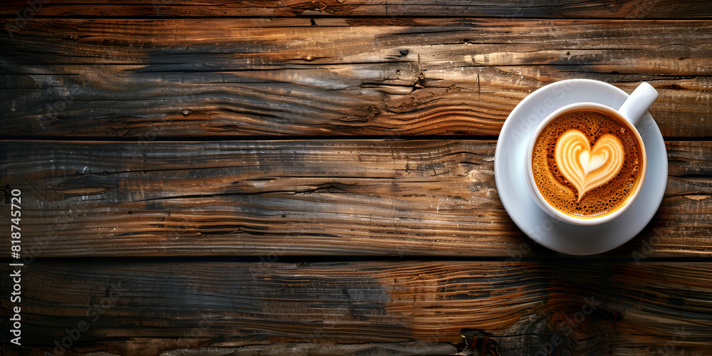 Heart-shaped latte art in a cozy coffee cup., Warm coffee on a rustic wooden table. Heart-shaped latte art in a cozy coffee cup., Warm coffee on a rustic wooden table.