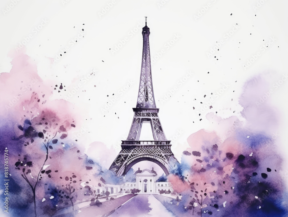 Eiffel Tower and blooming trees in lavender color on white background. Paris, France, Watercolor painting, illusrtration. Beautiful background for travel postcard, romantic greeting card, invitation