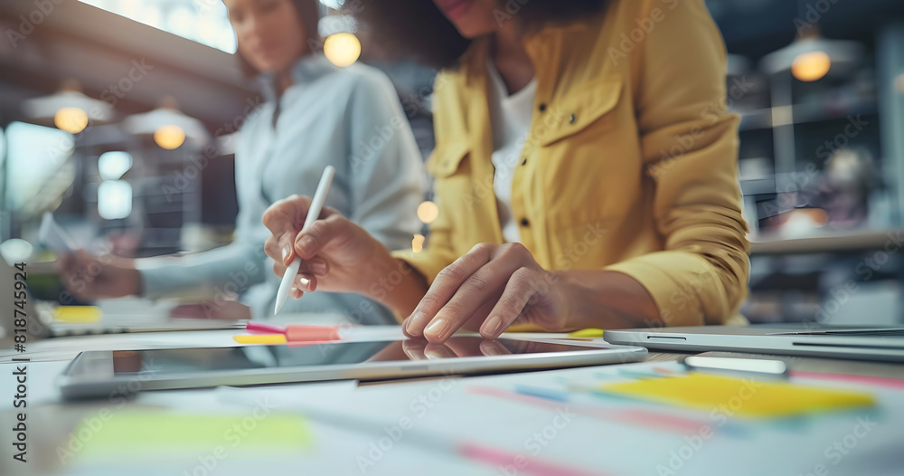 Architects designing on tablets together, business and economy concept, businesswoman and businessman office, working concept, meeting concept Architects designing on tablets together, business and economy concept, businesswoman and businessman office, working concept, meeting concept
