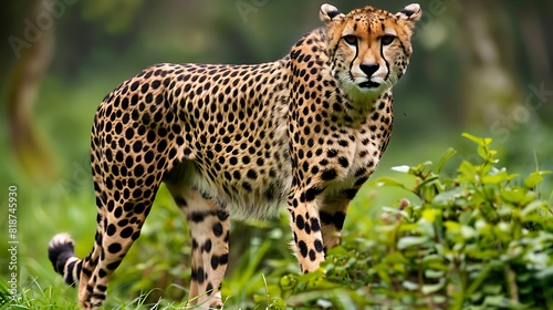 A cheetah on a grassy field surrounded by lush green shrubbery