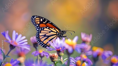 a close up view of a monarch butterfly feeding on purple aster flowers in a sunny garden
