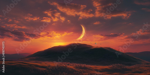 The sunset over a hill with fiery hues a crescent and the moon above a mountain. Beautiful sunset