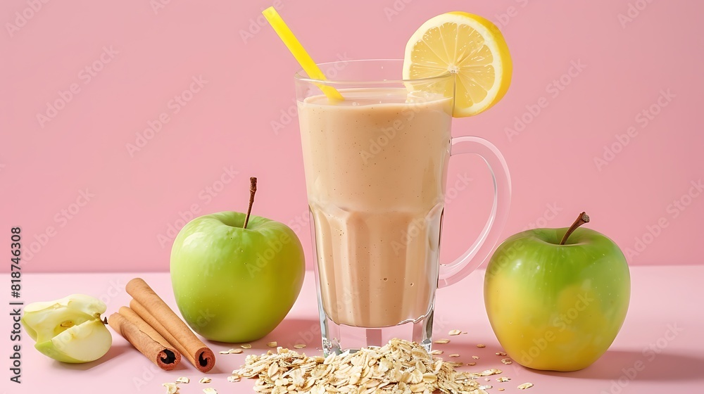 A glass with homemade smoothie next to half lemon one green apple a glass pot with oat flakes and two cinnamon sticks over a pink kitchen bench A glass with homemade smoothie next to half lemon one green apple a glass pot with oat flakes and two cinnamon sticks over a pink kitchen bench