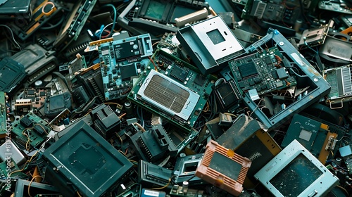 a heap of electronic and computer hardware waste for disposal or recycling junked computer parts