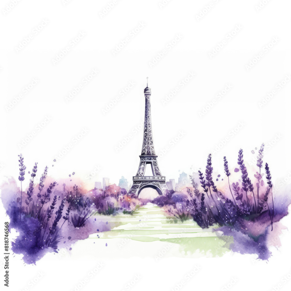 Eiffel Tower and Lavender flowers on a white background, copy space. Paris, France, Watercolor painting, illusrtration. Beautiful background for travel postcard and romantic greeting card, invitation
