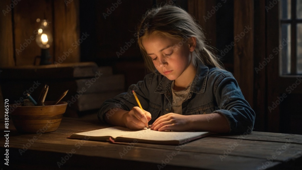 Girl Writing in Notebook at Table Girl Writing in Notebook at Table