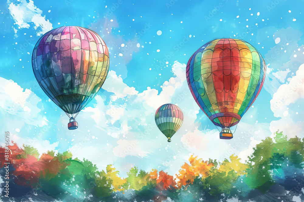 Obraz premium Rainbow-colored hot air balloons, clear sky, whimsical and dreamy, watercolor style, serene landscape.