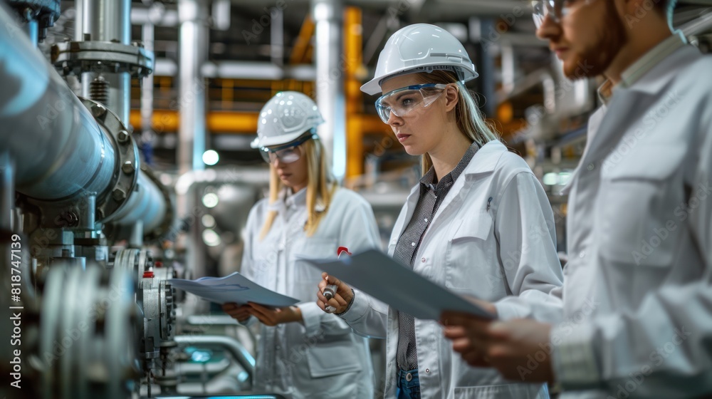 Chemical engineers analyzing samples, technicians conducting tests, and collaboration within a petrochemical factory Chemical engineers analyzing samples, technicians conducting tests, and collaboration within a petrochemical factory