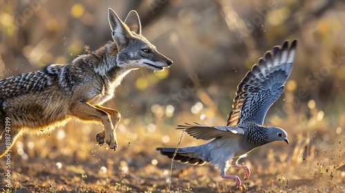 Black backed jackal rooijakkals upulella mesomelas hunting ring necked doves photo