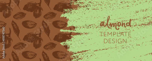 Vector label or packaging template design for almond nuts or chocolate with marzipan paste. Seamless pattern with hand drawn almonds drawings. Panoramic almonds background for banner of organic food.