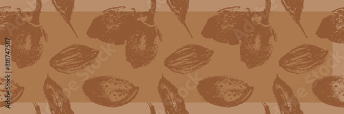 Vector label or packaging template design for almond nuts or chocolate with marzipan paste. Seamless pattern with hand drawn almonds drawings. Panoramic almonds background for banner of organic food.