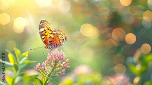 A vibrant butterfly with orange and black patterned wings rests delicately on budding pink flowers with a sunlit, bokeh background © Maftuh
