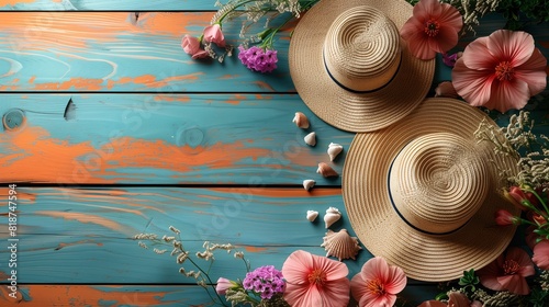 Display beach hats and seashells on a bright orange wooden floor.