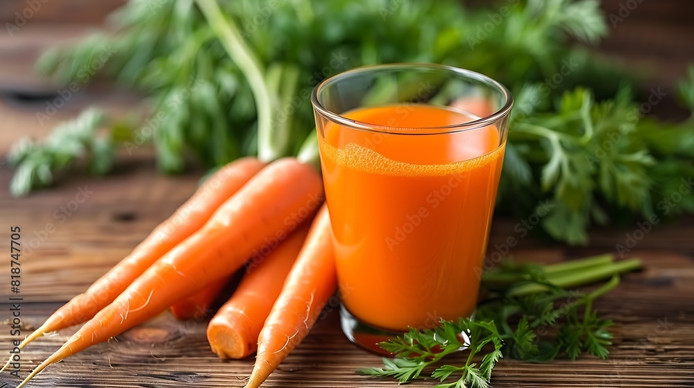 Carrot juice in a glass and fresh carrots with leaves Carrot juice in a glass and fresh carrots with leaves