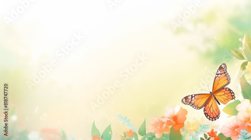 A tranquil image of a single butterfly in flight among pastel-shaded flowers with a soft  bokeh background