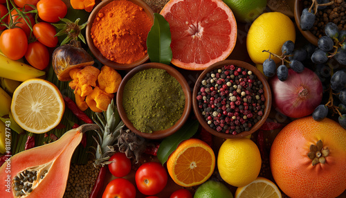 Assortment of Fresh Fruits  Vegetables  and Exotic Spices