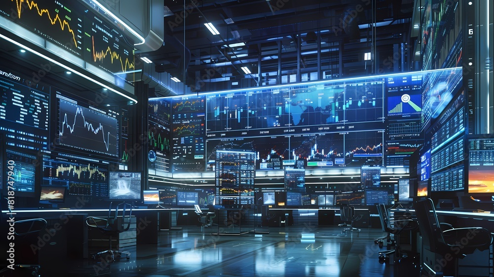 High-energy trading room filled with screens showing market graphs in flux, capturing the intense atmosphere of financial trading, all in stunning HD quality.