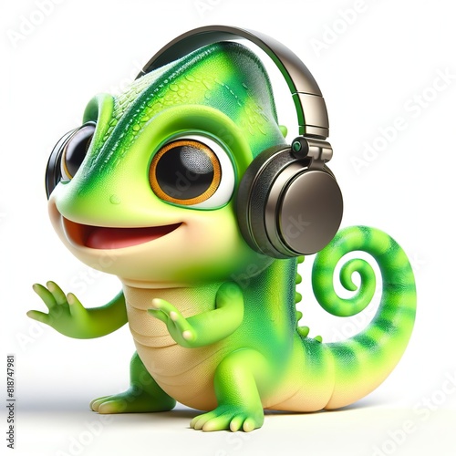 cute 3D funny cartoon a Chameleon with small wireless headphone on head smiling and dancing  white background