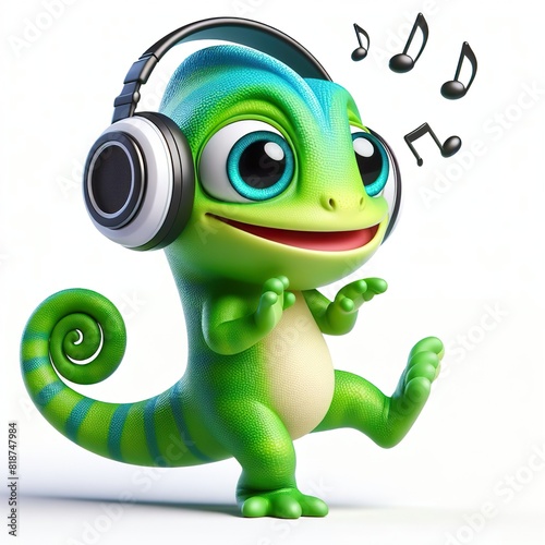 cute 3D funny cartoon a Chameleon with small wireless headphone on head smiling and dancing, white background photo