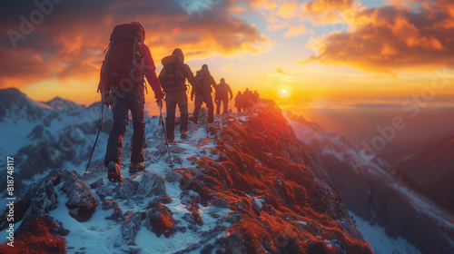 A group of people are hiking up a mountain, with the sun setting in the background. Scene is adventurous and exciting, as the group is taking on a challenging hike