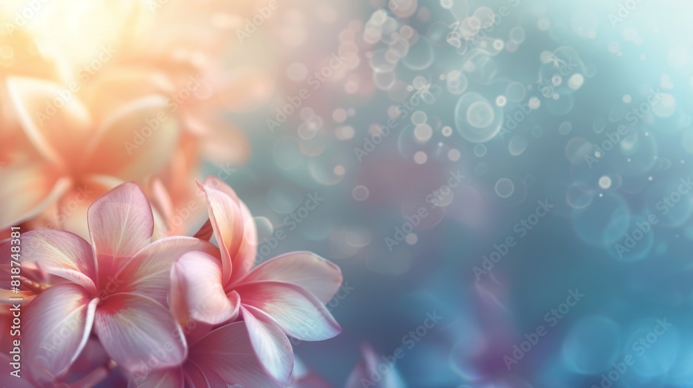 A close-up of vibrant pink plumeria flowers with a soft bokeh effect in the dreamy background, invoking a tranquil mood A close-up of vibrant pink plumeria flowers with a soft bokeh effect in the dreamy background, invoking a tranquil mood