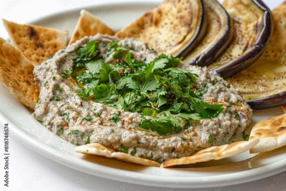 Baba Ghanoush and Warm Pita in Exquisite Dish Baba Ghanoush and Warm Pita in Exquisite Dish