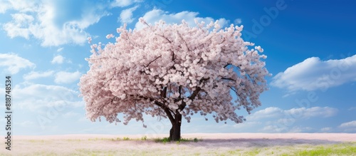 Cherry tree in full bloom with blue sky as the backdrop creating a picturesque scene. Creative banner. Copyspace image © HN Works