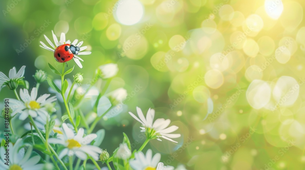 A bright image featuring a red ladybug on the petal of a daisy with soft sunlight creating a bokeh effect in the background
