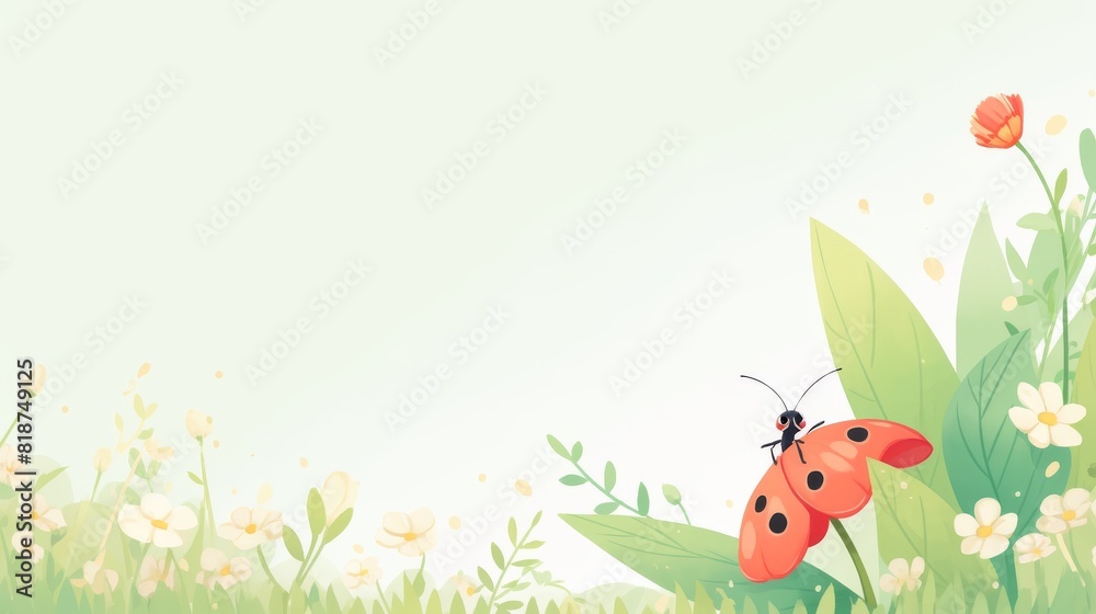 A serene springtime meadow background with a ladybug on a leaf, surrounded by colorful flowers and a clear sky