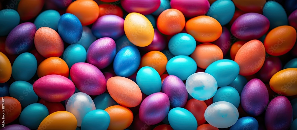 A vibrant and close up top view of a full frame filled with colorful Easter eggs perfect for a copy space image