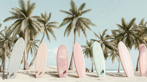 A row of surfboards are lined up on a beach next to palm trees. The surfboards are of different colors and sizes, and they are all facing the same direction. Concept of relaxation and leisure