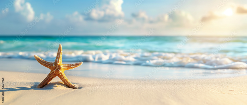 Starfish on the beach at sunset. Copy space. Generative AI	