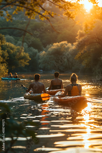 Kayak excursion along the river at sunset with beautiful trees and pines in the background, summer concept vacation concept holidays