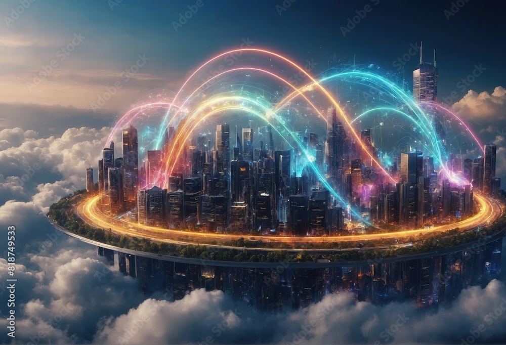 5G wireless network, fast internet, cloud computing, or connect diagram technology; data synchronisation, online financial services; data storage; and worldwide connectivity