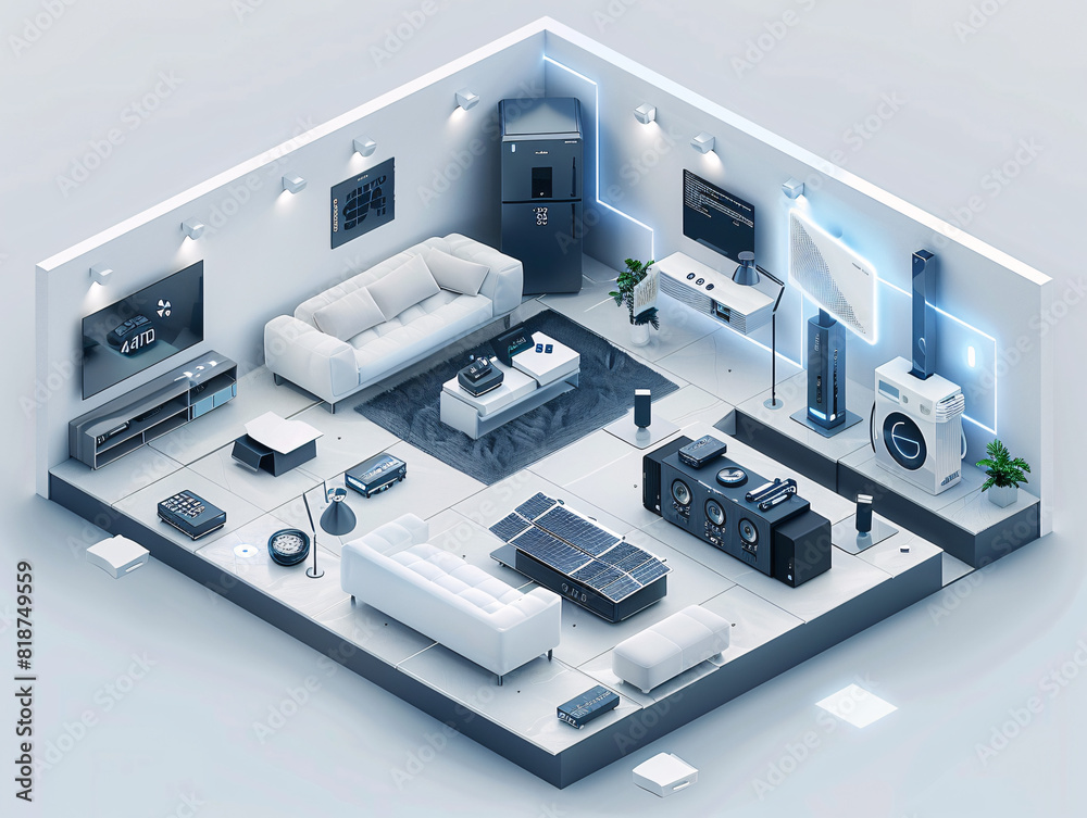 In a futuristic depiction of home technology, an individual uses a remote control to interact with the components of an AI-augmented reality smart home. The isometric layout and minimal color scheme In a futuristic depiction of home technology, an individual uses a remote control to interact with the components of an AI-augmented reality smart home. The isometric layout and minimal color scheme