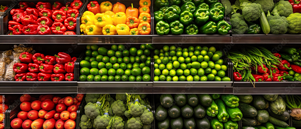 Colorful fresh vegetables arranged neatly in a supermarket produce section. Generative AI	