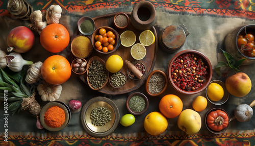 Exotic Culinary Ingredients and Spices in Vibrant Still Life