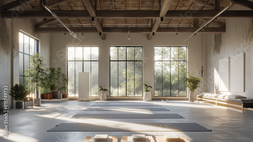 Minimalist Wellness Haven: Yoga Studio with Scandinavian Industrial Aesthetic and Soft Window Illumination