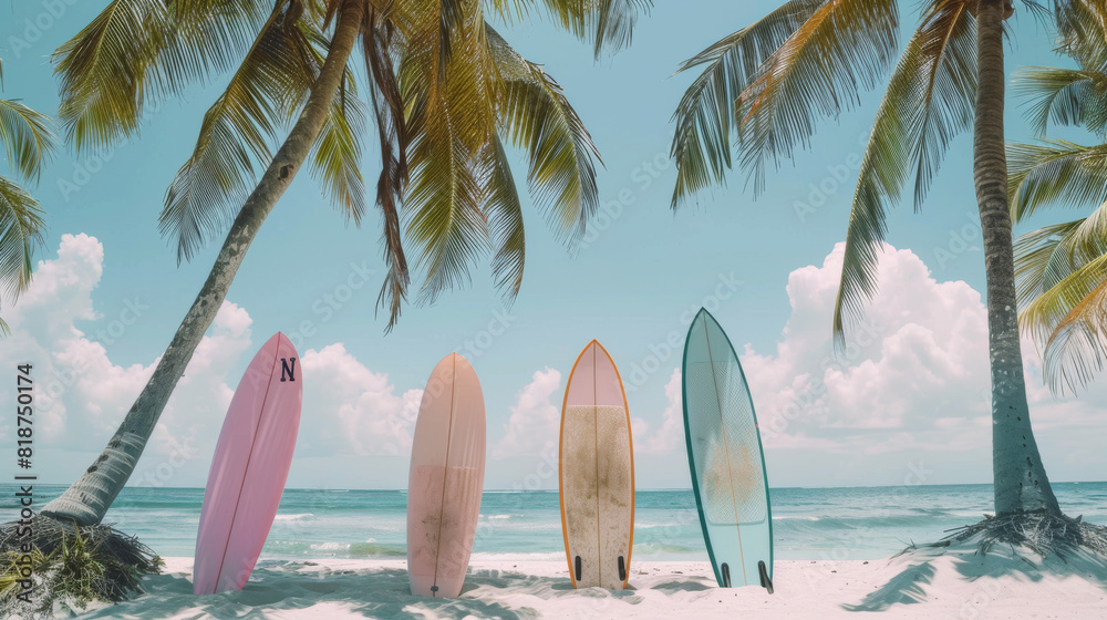 Four surfboards are lined up on a beach, with the ocean in the background. The surfboards are of different colors, and the scene conveys a sense of relaxation and leisure