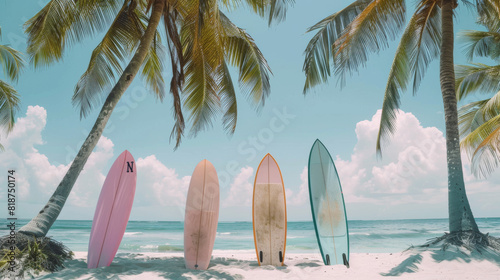 Four surfboards are lined up on a beach, with the ocean in the background. The surfboards are of different colors, and the scene conveys a sense of relaxation and leisure