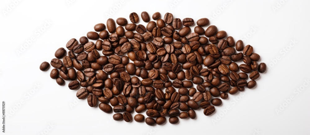 A top down view of a sun made of roasted coffee beans against a white backdrop providing copy space for your messages A top down view of a sun made of roasted coffee beans against a white backdrop providing copy space for your messages
