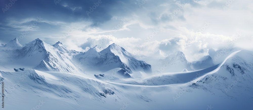 Snow covered mountains with falling snow Copy space image