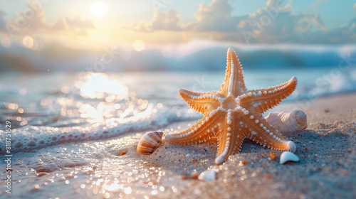  Seashells, starfish, and more, arranged for beachside relaxation in the sand.