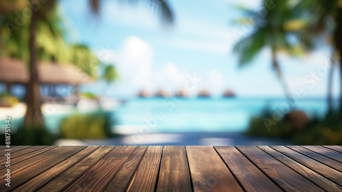 Wooden table overlooking a tropical beach with palm trees and sun loungers in the background. Copy space. Generative AI 