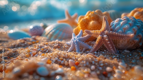  Seashells, starfish, and more, arranged for beachside relaxation in the sand. photo