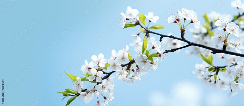 Copy space image of a flowering bird cherry tree branch against a serene blue sky in a beautiful spring landscape